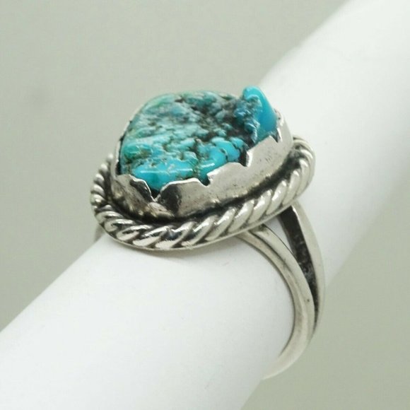 Southwestern Turquoise Nugget Split Shank Ring Sterling Silver Size 6.75 - Picture 3 of 5